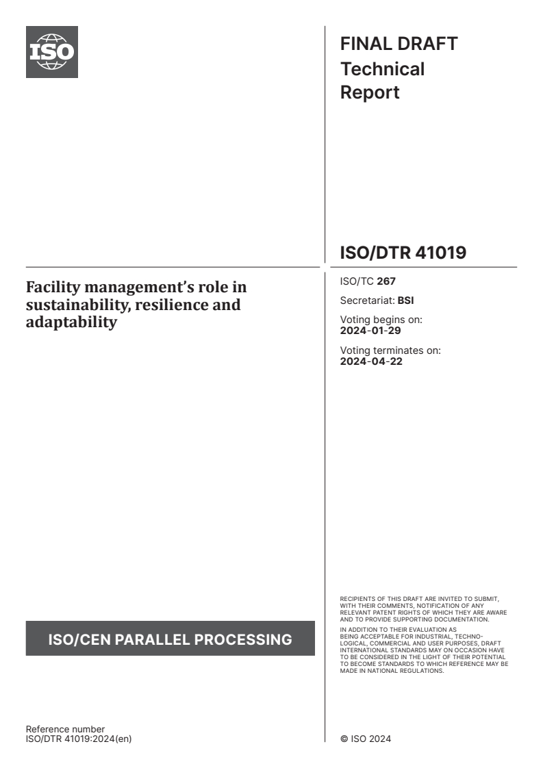 ISO/DTR 41019 - Facility management’s role in sustainability, resilience and adaptability
Released:15. 01. 2024