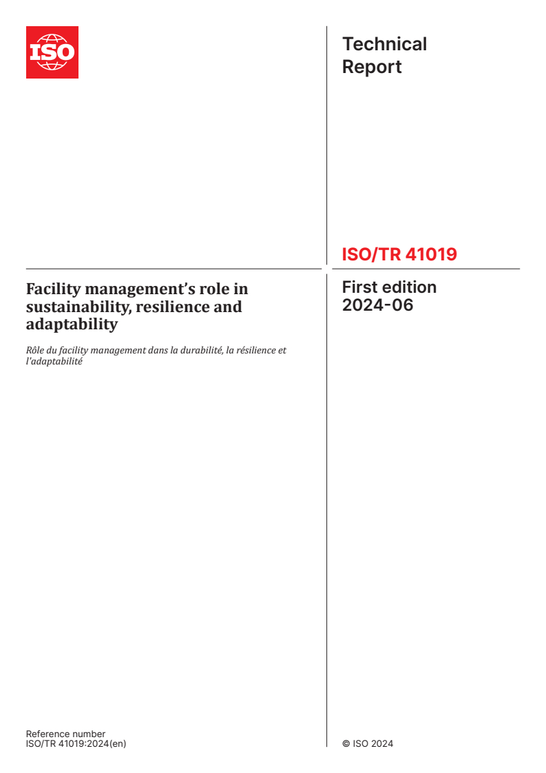ISO/TR 41019:2024 - Facility management’s role in sustainability, resilience and adaptability
Released:22. 06. 2024
