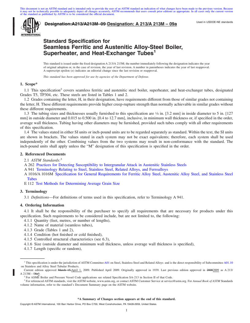REDLINE ASTM A213/A213M-09a - Standard Specification for  Seamless Ferritic and Austenitic Alloy-Steel Boiler, Superheater, and Heat-Exchanger Tubes