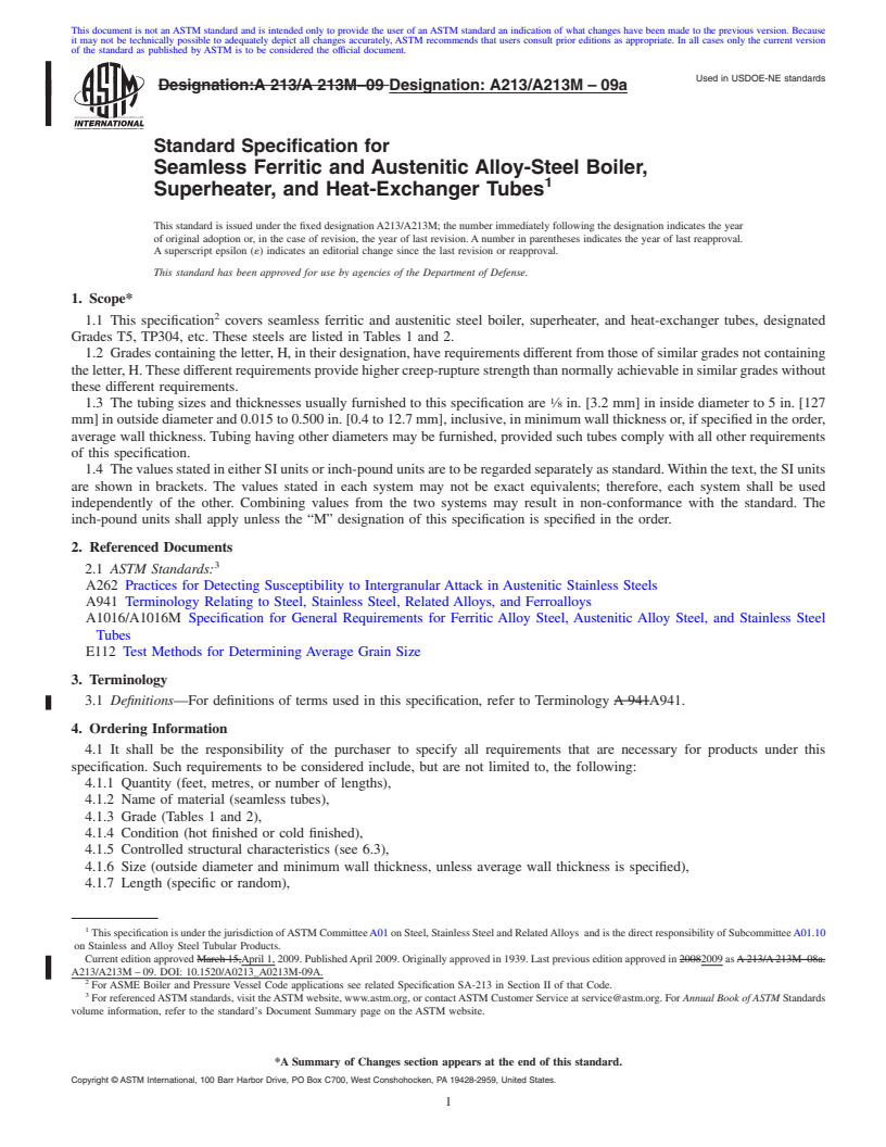 REDLINE ASTM A213/A213M-09a - Standard Specification for  Seamless Ferritic and Austenitic Alloy-Steel Boiler, Superheater, and Heat-Exchanger Tubes