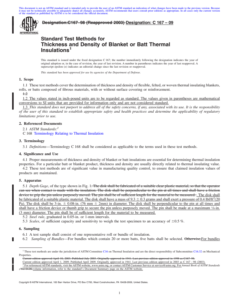 REDLINE ASTM C167-09 - Standard Test Methods for Thickness and Density of Blanket or Batt Thermal Insulations