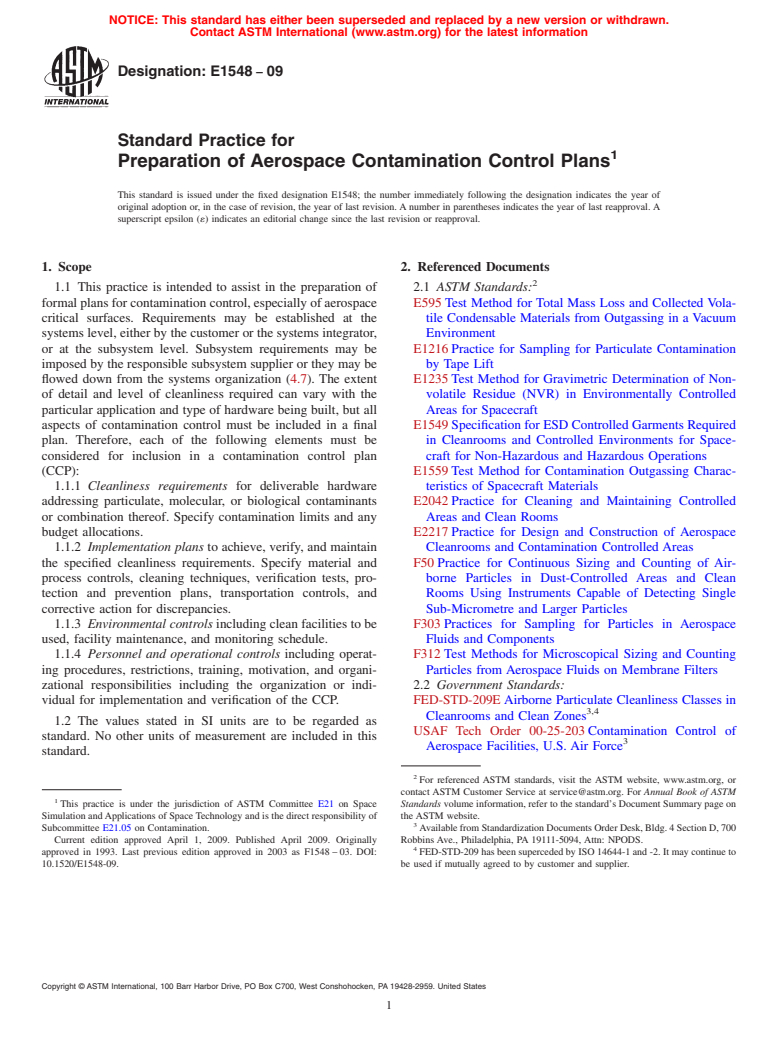 ASTM E1548-09 - Standard Practice for Preparation of Aerospace Contamination Control Plans