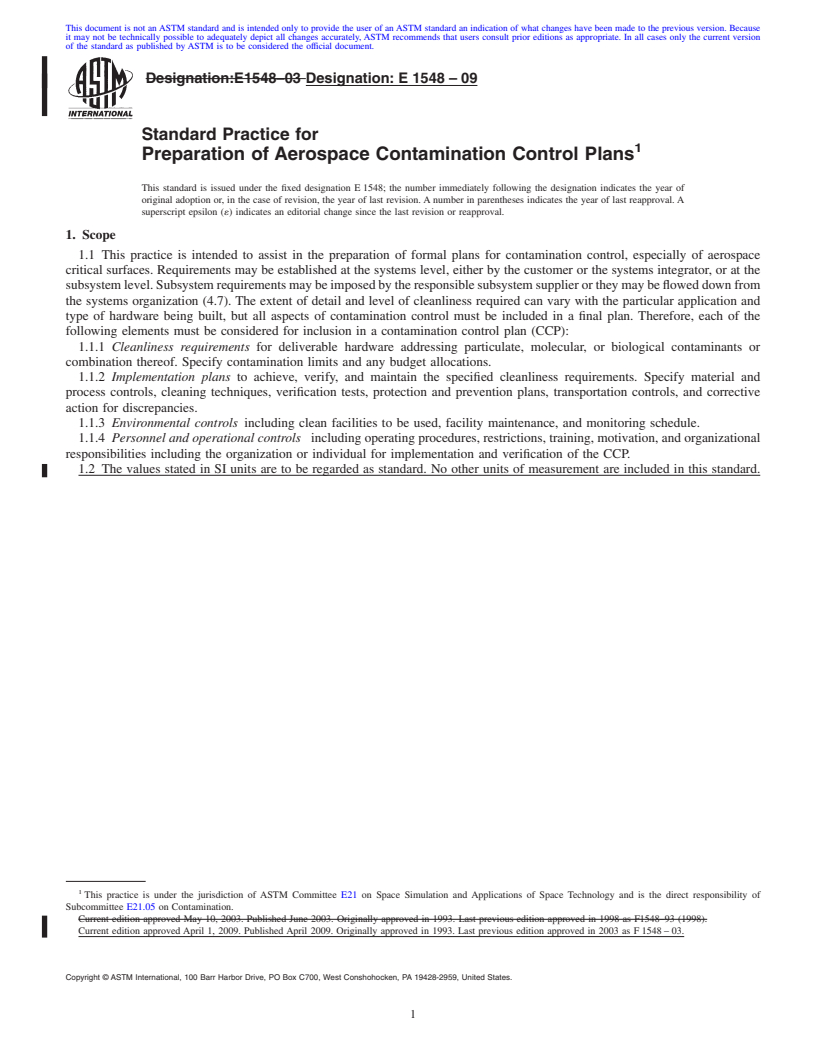 REDLINE ASTM E1548-09 - Standard Practice for Preparation of Aerospace Contamination Control Plans