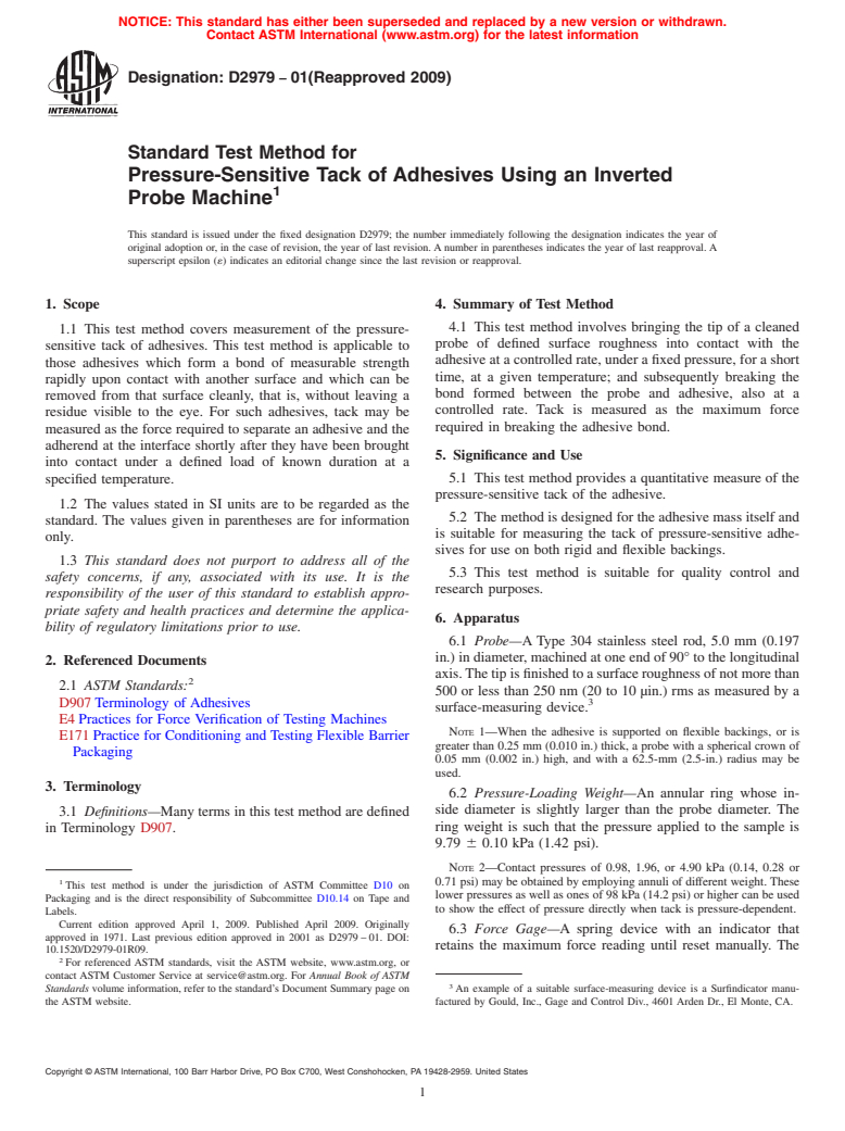 ASTM D2979-01(2009) - Standard Test Method for Pressure-Sensitive Tack of Adhesives Using an Inverted Probe Machine