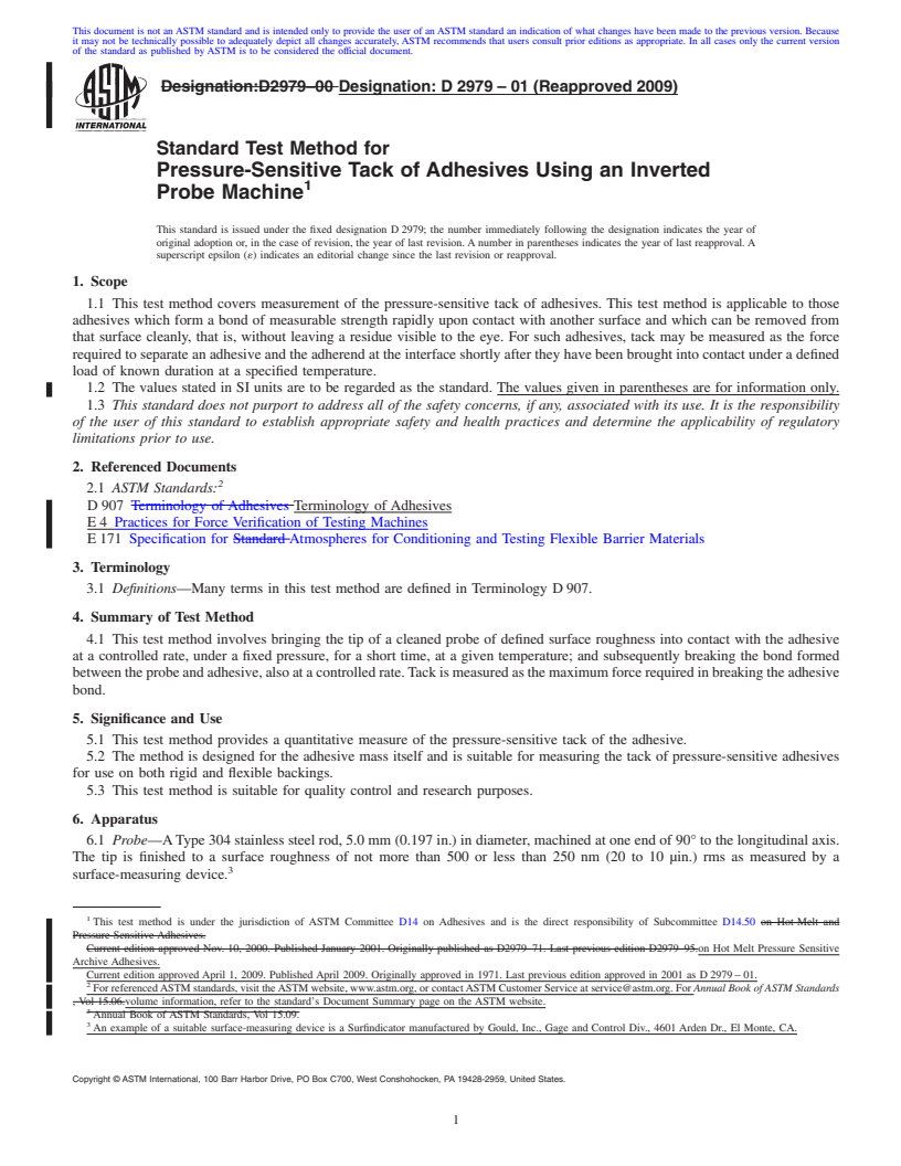 REDLINE ASTM D2979-01(2009) - Standard Test Method for Pressure-Sensitive Tack of Adhesives Using an Inverted Probe Machine