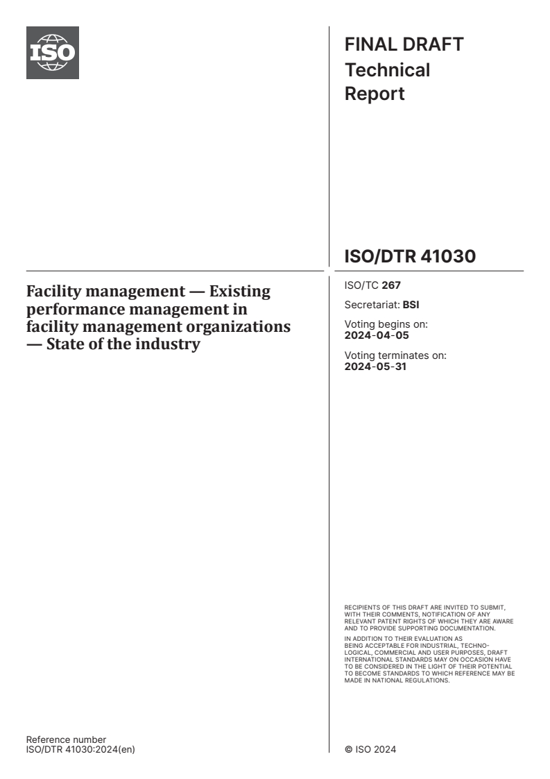 ISO/DTR 41030 - Facility management — Existing performance management in facility management organizations — State of the industry
Released:22. 03. 2024