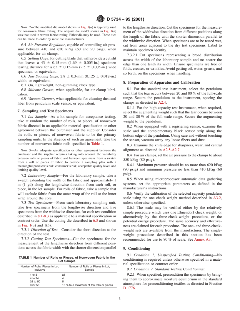 ASTM D5734-95(2001) - Standard Test Method for Tearing Strength of Nonwoven Fabrics by Falling-Pendulum (Elmendorf) Apparatus (Withdrawn 2008)