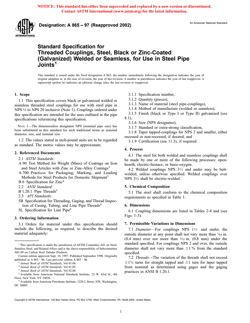 ASTM A865-97(2002) - Standard Specification for Threaded Couplings, Steel, Black or Zinc-Coated (Galvanized) Welded or Seamless, for Use in Steel Pipe Joints