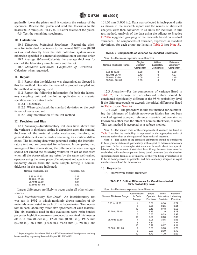 ASTM D5736-95(2001) - Standard Test Method for Thickness of Highloft Nonwoven Fabrics (Withdrawn 2008)