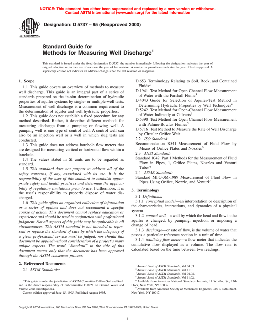 ASTM D5737-95(2000) - Standard Guide for Methods for Measuring Well Discharge