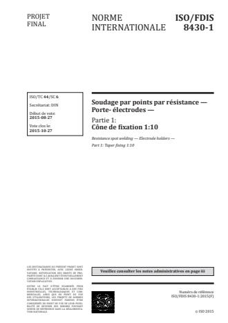ISO 8430-1:2016 - Soudage par points par résistance -- Porte-électrodes