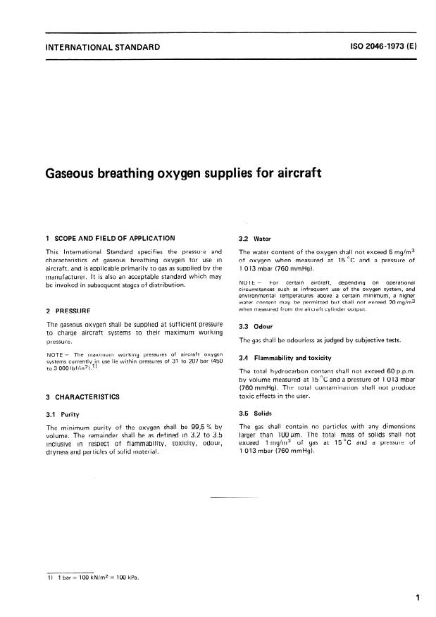 ISO 2046:1973 - Gaseous breathing oxygen supplies for aircraft