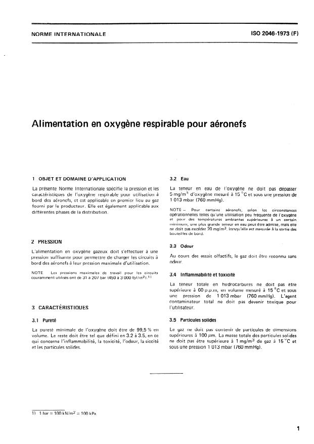 ISO 2046:1973 - Alimentation en oxygene respirable pour aéronefs