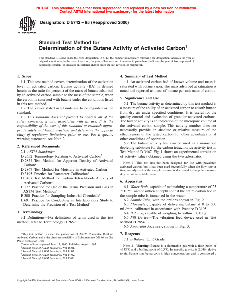 ASTM D5742-95(2000) - Standard Test Method for Determination of the Butane Activity of Activated Carbon