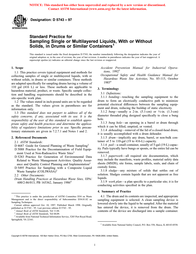 ASTM D5743-97 - Standard Practice for Sampling Single or Multilayered Liquids, With or Without Solids, in Drums or Similar Containers