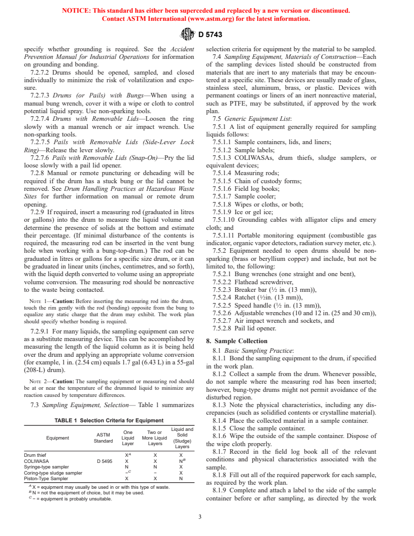 ASTM D5743-97 - Standard Practice for Sampling Single or Multilayered Liquids, With or Without Solids, in Drums or Similar Containers