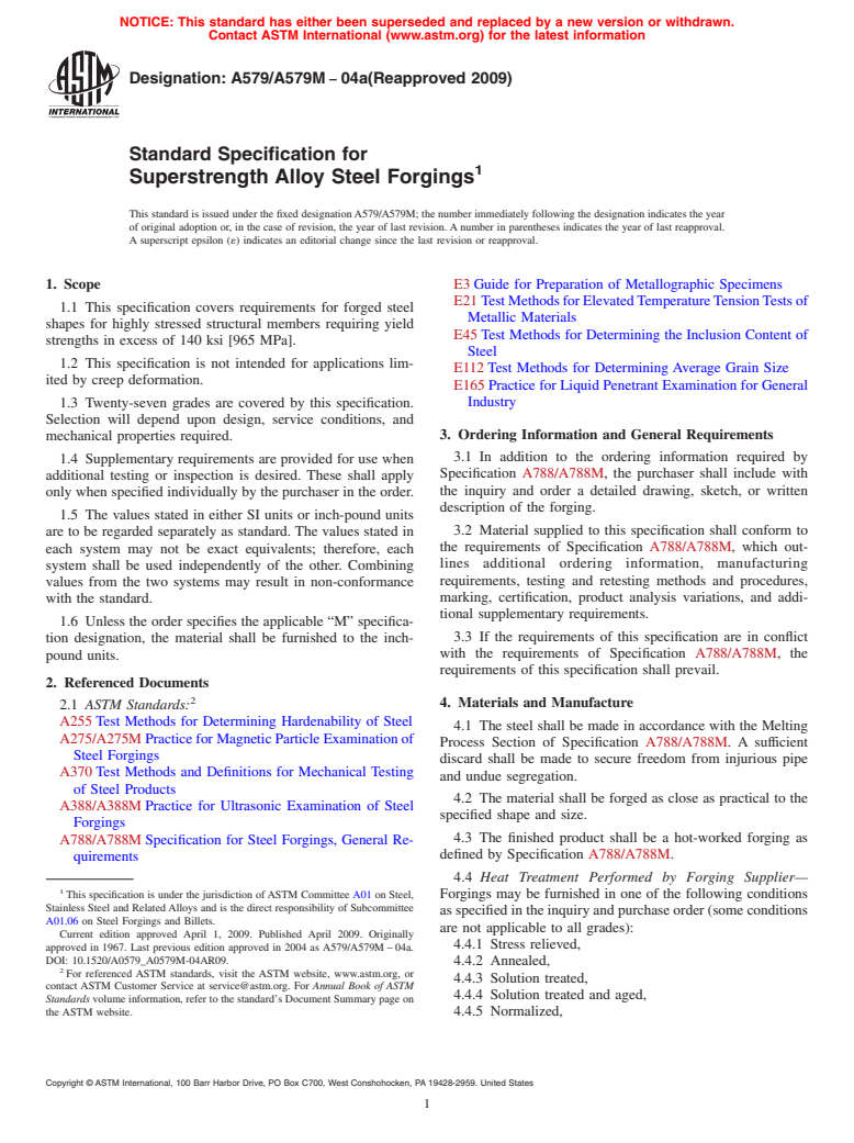 ASTM A579/A579M-04a(2009) - Standard Specification for Superstrength Alloy Steel Forgings
