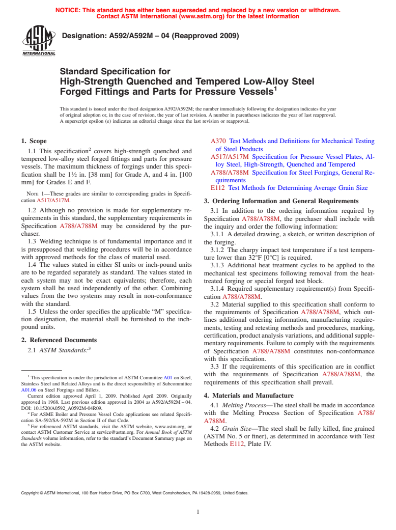 ASTM A592/A592M-04(2009) - Standard Specification for High-Strength Quenched and Tempered Low-Alloy Steel Forged Fittings and Parts for Pressure Vessels