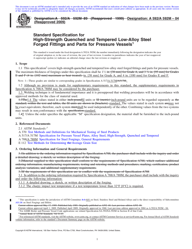 REDLINE ASTM A592/A592M-04(2009) - Standard Specification for High-Strength Quenched and Tempered Low-Alloy Steel Forged Fittings and Parts for Pressure Vessels