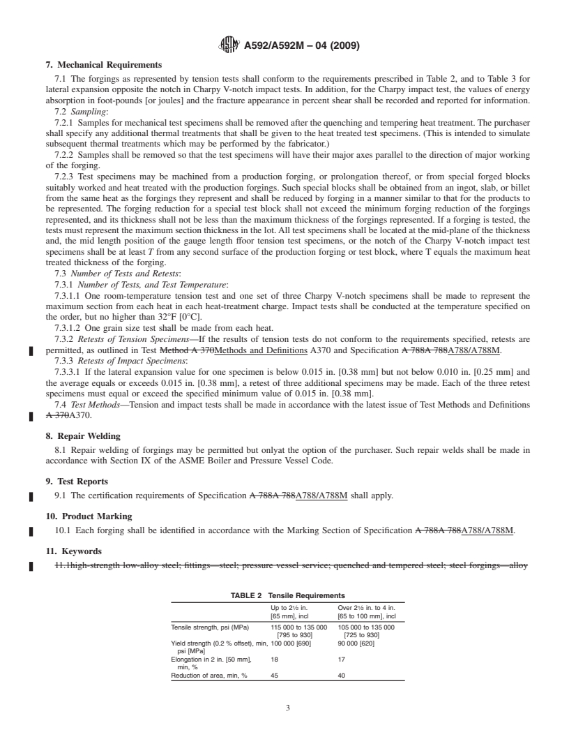 REDLINE ASTM A592/A592M-04(2009) - Standard Specification for High-Strength Quenched and Tempered Low-Alloy Steel Forged Fittings and Parts for Pressure Vessels