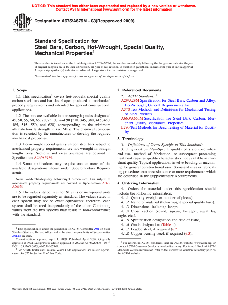 ASTM A675/A675M-03(2009) - Standard Specification for Steel Bars, Carbon, Hot-Wrought, Special Quality, Mechanical Properties