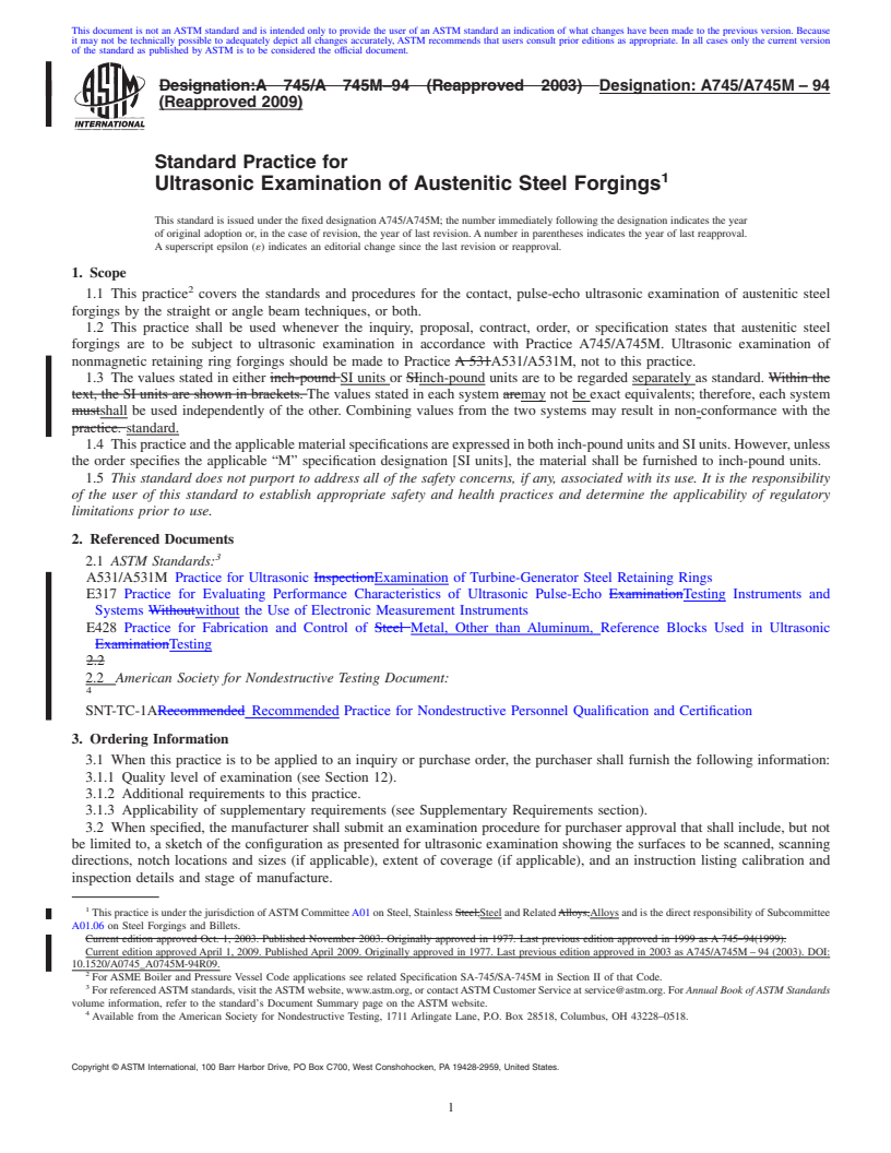 REDLINE ASTM A745/A745M-94(2009) - Standard Practice for Ultrasonic Examination of Austenitic Steel Forgings