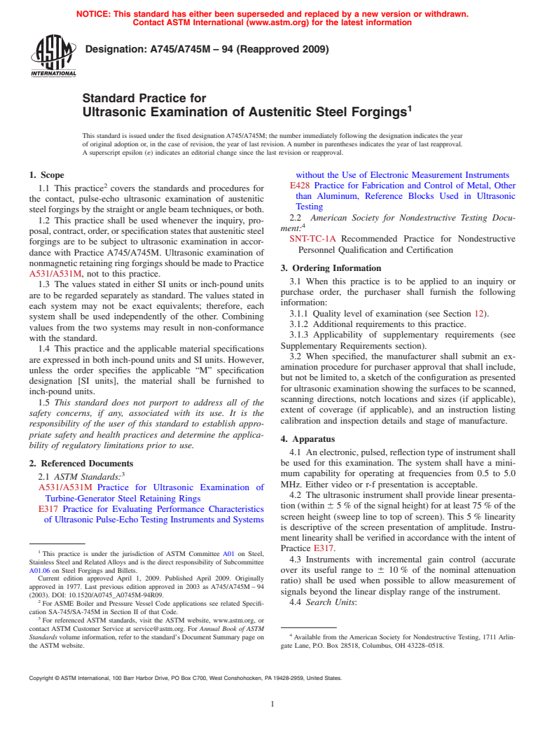 ASTM A745/A745M-94(2009) - Standard Practice for Ultrasonic Examination of Austenitic Steel Forgings