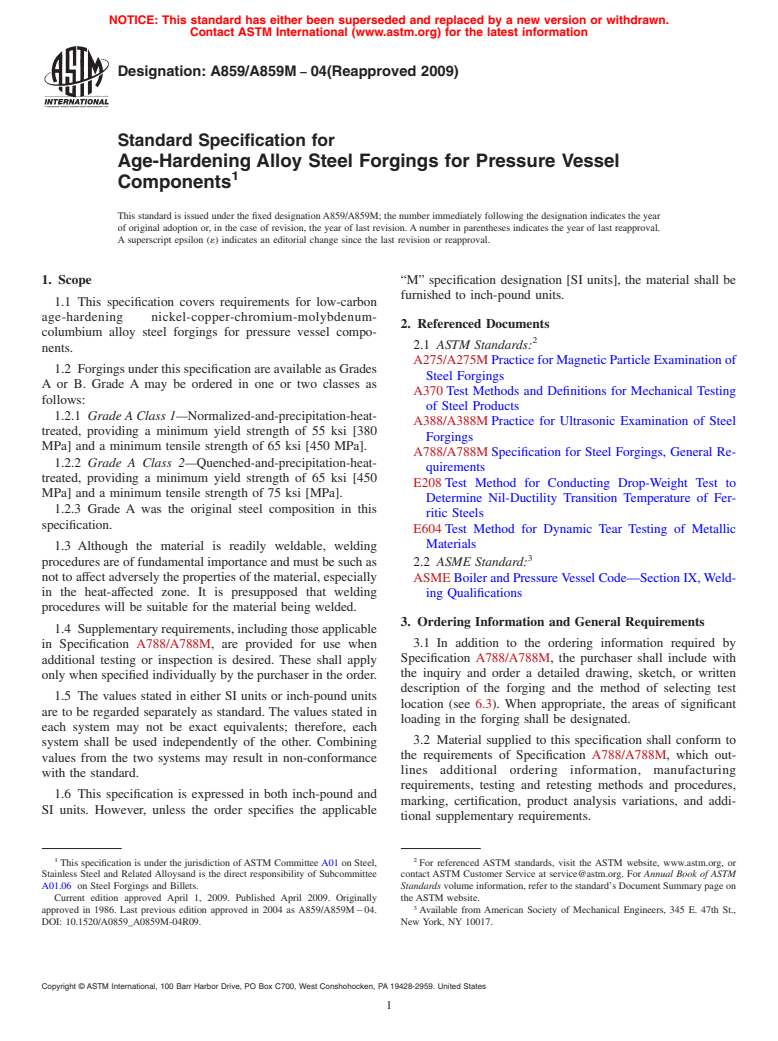 ASTM A859/A859M-04(2009) - Standard Specification for Age-Hardening Alloy Steel Forgings for Pressure Vessel Components