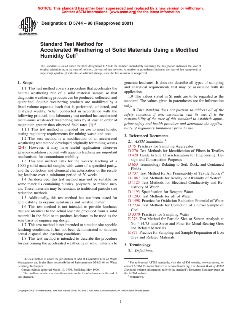 ASTM D5744-96(2001) - Standard Test Method for Accelerated Weathering of Solid Materials Using a Modified Humidity Cell