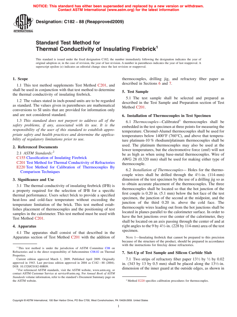 ASTM C182-88(2009) - Standard Test Method for Thermal Conductivity of Insulating Firebrick