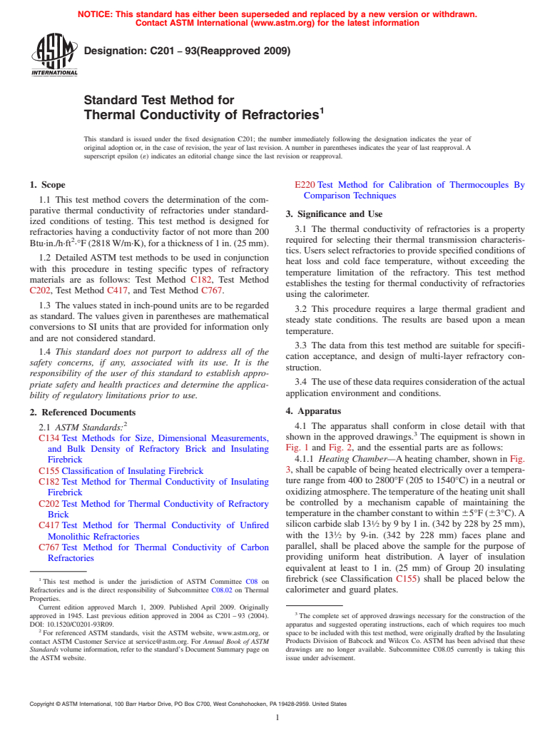 ASTM C201-93(2009) - Standard Test Method for Thermal Conductivity of Refractories