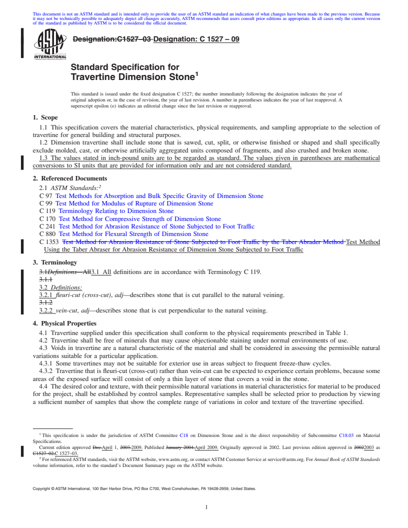 REDLINE ASTM C1527-09 - Standard Specification for Travertine Dimension Stone