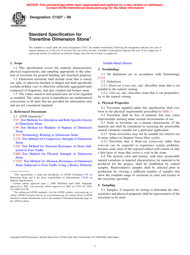 ASTM C1527-09 - Standard Specification for Travertine Dimension Stone