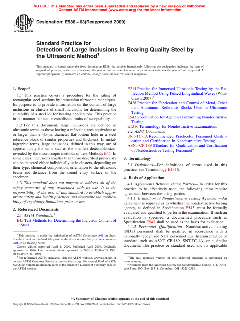 ASTM E588-03(2009) - Standard Practice for Detection of Large Inclusions in Bearing Quality Steel by the Ultrasonic Method