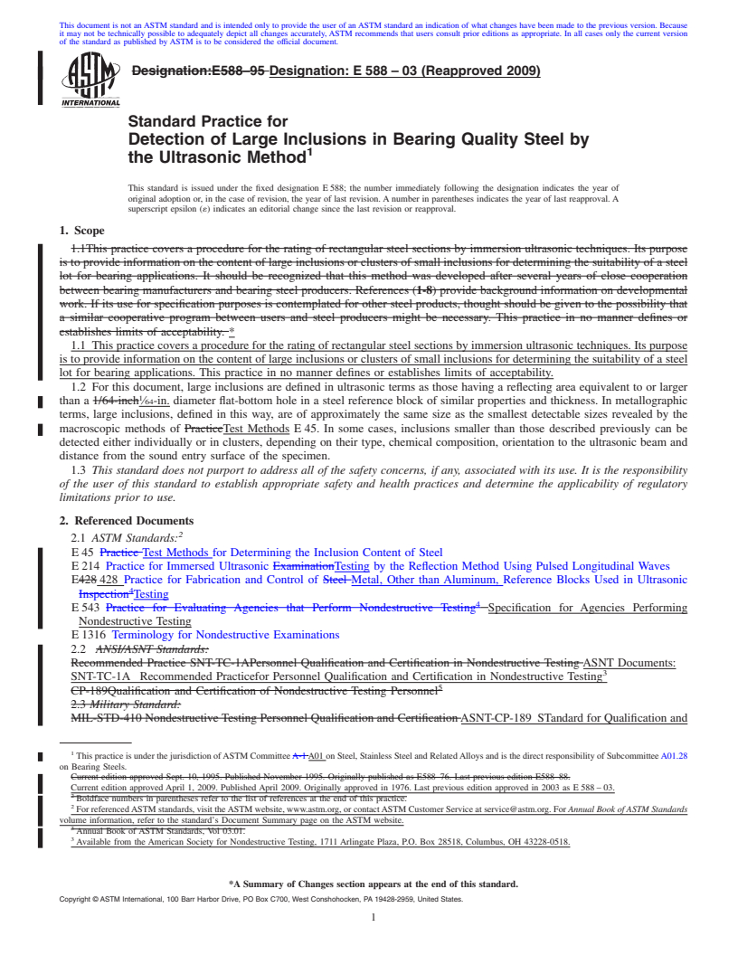 REDLINE ASTM E588-03(2009) - Standard Practice for Detection of Large Inclusions in Bearing Quality Steel by the Ultrasonic Method