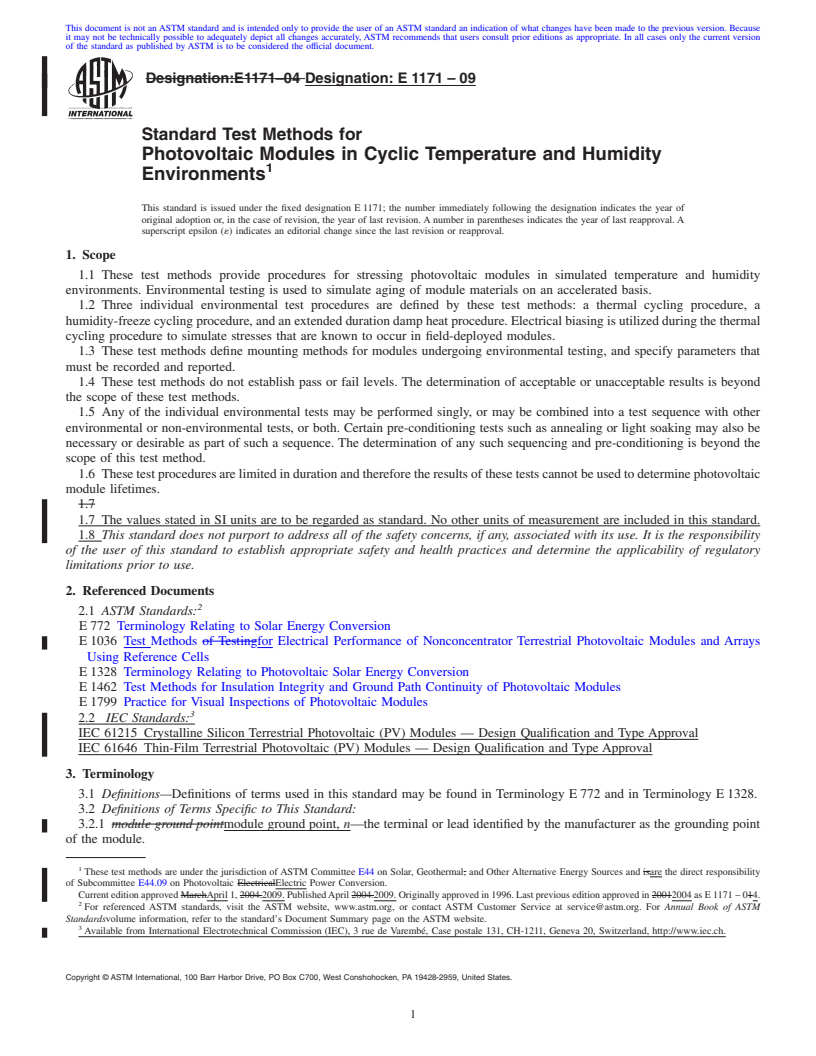 REDLINE ASTM E1171-09 - Standard Test Methods for Photovoltaic Modules in Cyclic Temperature and Humidity Environments