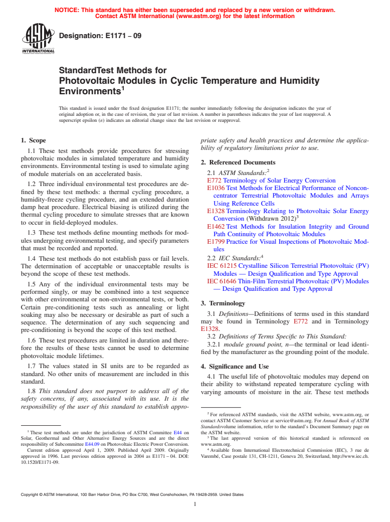 ASTM E1171-09 - Standard Test Methods for Photovoltaic Modules in Cyclic Temperature and Humidity Environments