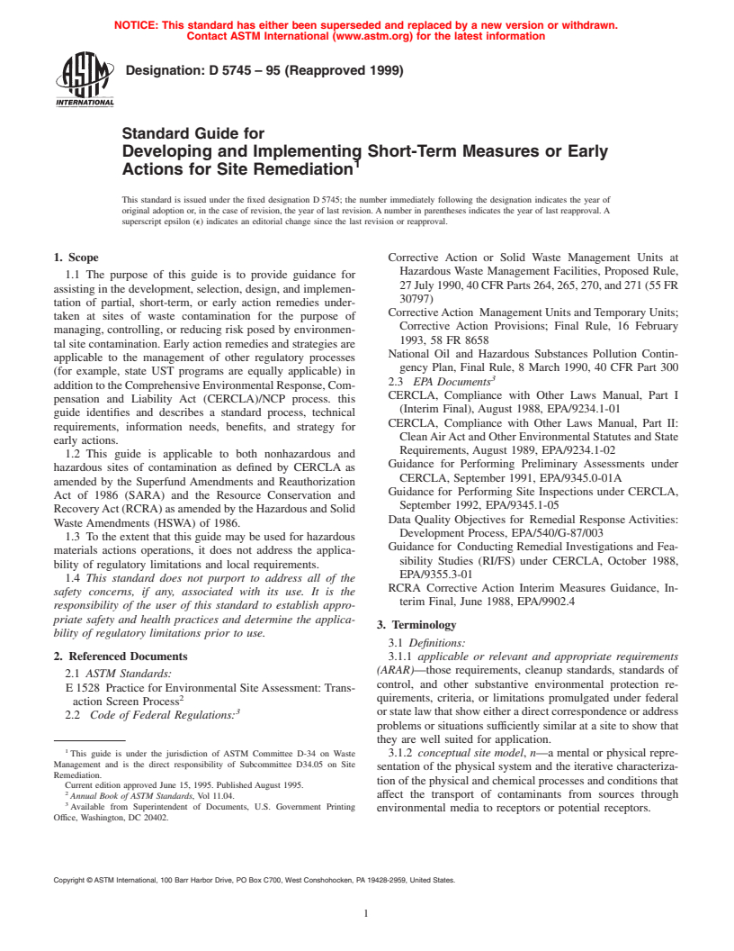 ASTM D5745-95(1999) - Standard Guide for Developing and Implementing Short-Term Measures or Early Actions for Site Remediation