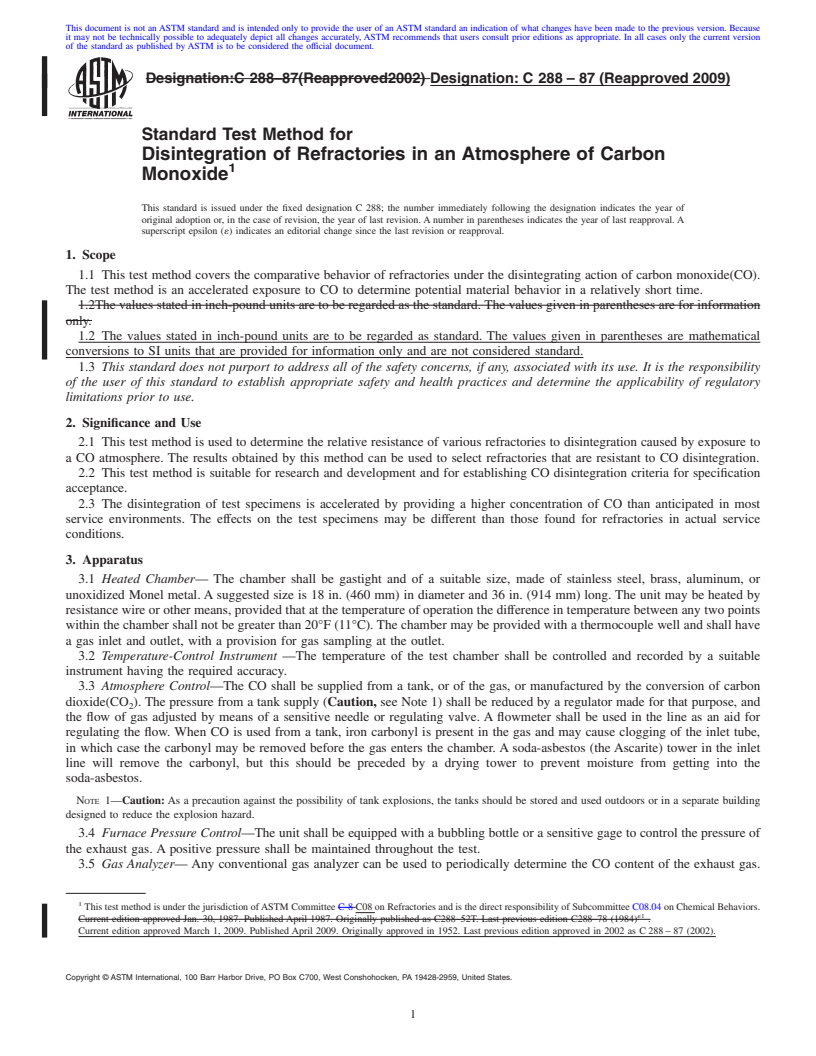 REDLINE ASTM C288-87(2009) - Standard Test Method for Disintegration of Refractories in an Atmosphere of Carbon Monoxide