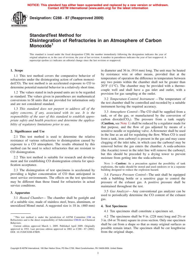 ASTM C288-87(2009) - Standard Test Method for Disintegration of Refractories in an Atmosphere of Carbon Monoxide