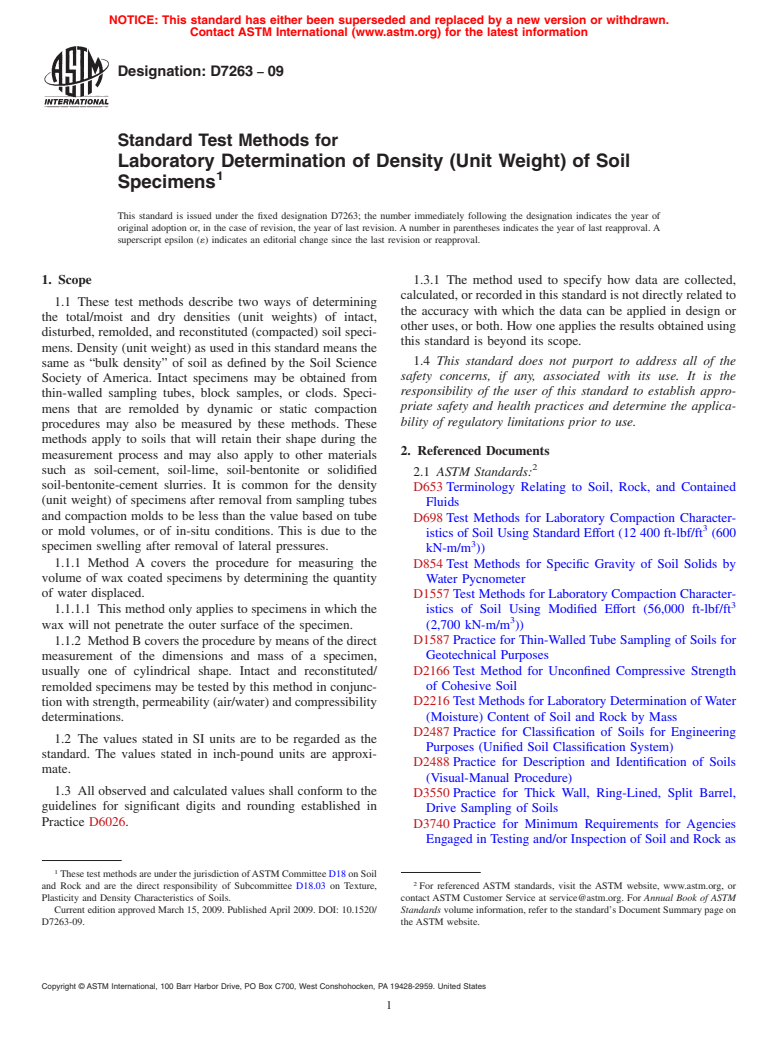 ASTM D7263-09 - Standard Test Methods for Laboratory Determination of Density (Unit Weight) of Soil Specimens