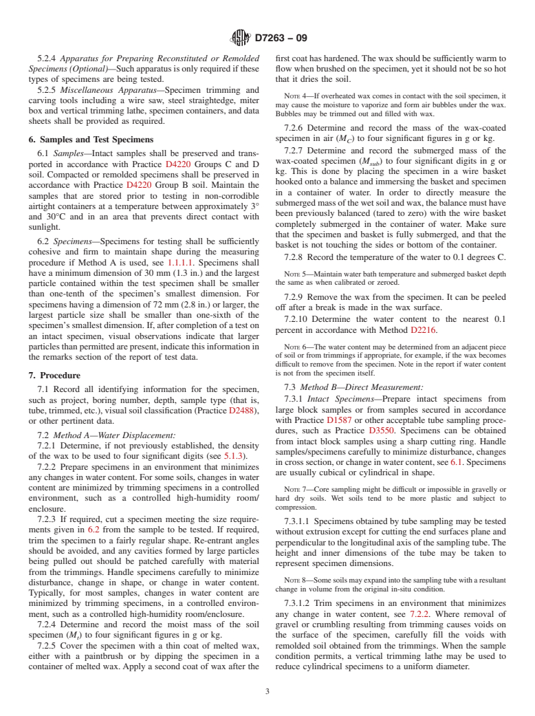 ASTM D7263-09 - Standard Test Methods for Laboratory Determination of Density (Unit Weight) of Soil Specimens