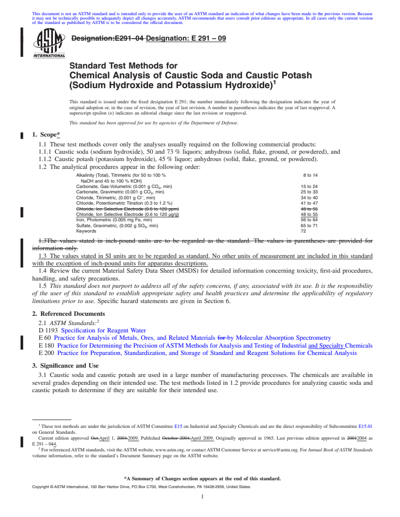 REDLINE ASTM E291-09 - Standard Test Methods for Chemical Analysis of Caustic Soda and Caustic Potash (Sodium Hydroxide and Potassium Hydroxide)