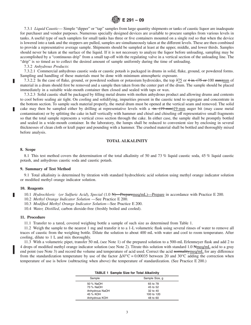 REDLINE ASTM E291-09 - Standard Test Methods for Chemical Analysis of Caustic Soda and Caustic Potash (Sodium Hydroxide and Potassium Hydroxide)