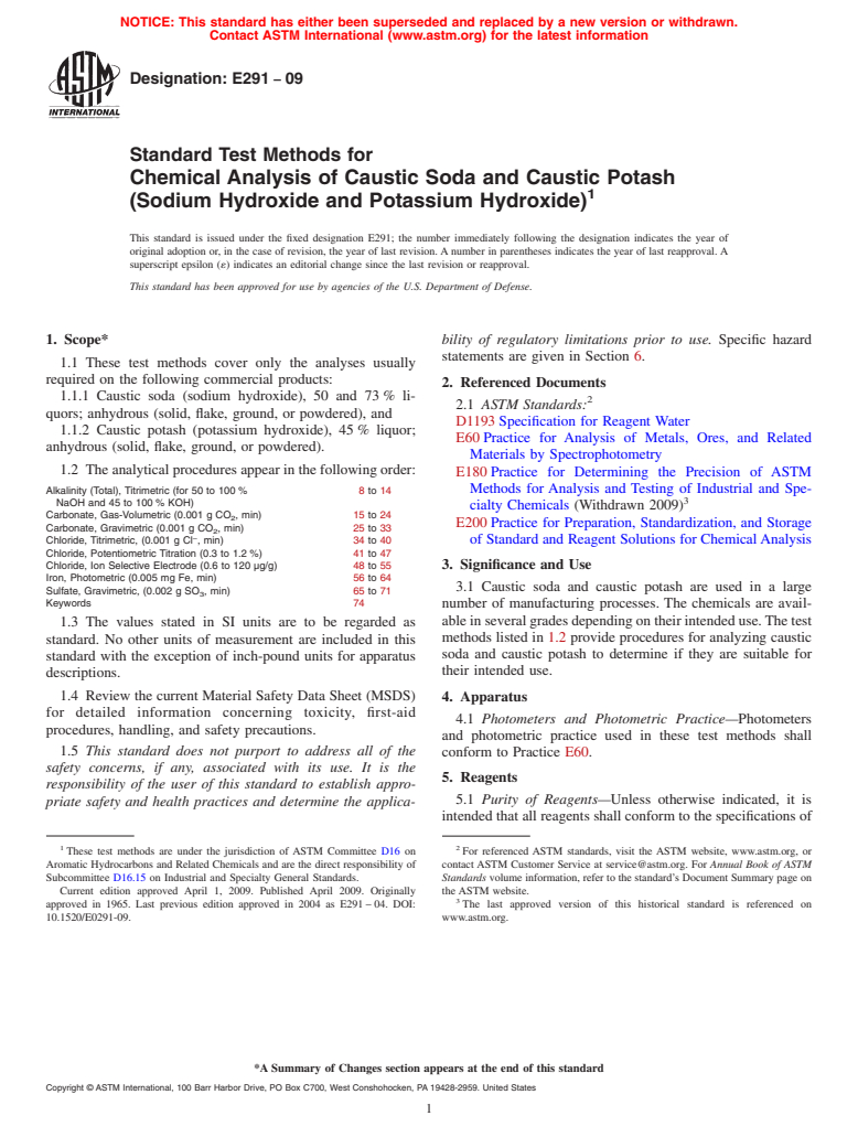 ASTM E291-09 - Standard Test Methods for Chemical Analysis of Caustic Soda and Caustic Potash (Sodium Hydroxide and Potassium Hydroxide)