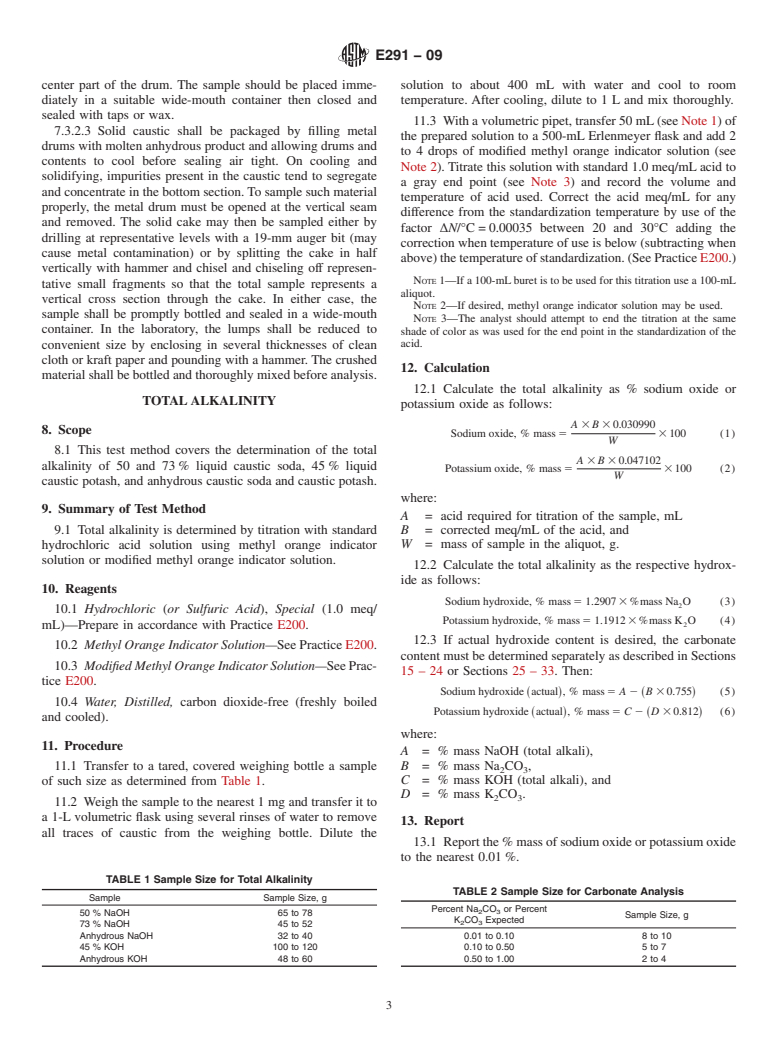 ASTM E291-09 - Standard Test Methods for Chemical Analysis of Caustic Soda and Caustic Potash (Sodium Hydroxide and Potassium Hydroxide)