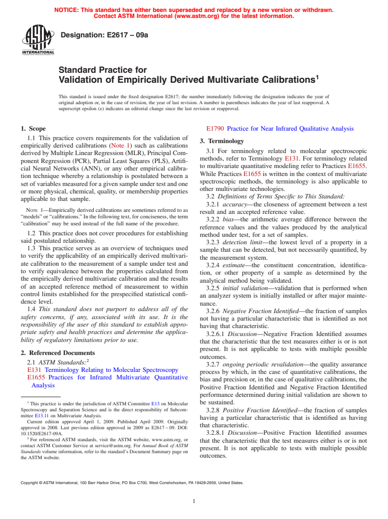 ASTM E2617-09a - Standard Practice for Validation of Empirically Derived Multivariate Calibrations