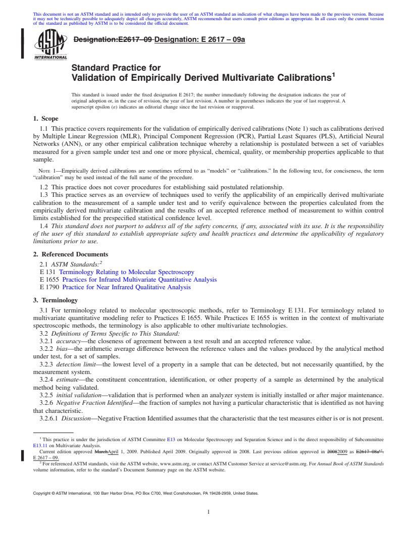 REDLINE ASTM E2617-09a - Standard Practice for Validation of Empirically Derived Multivariate Calibrations