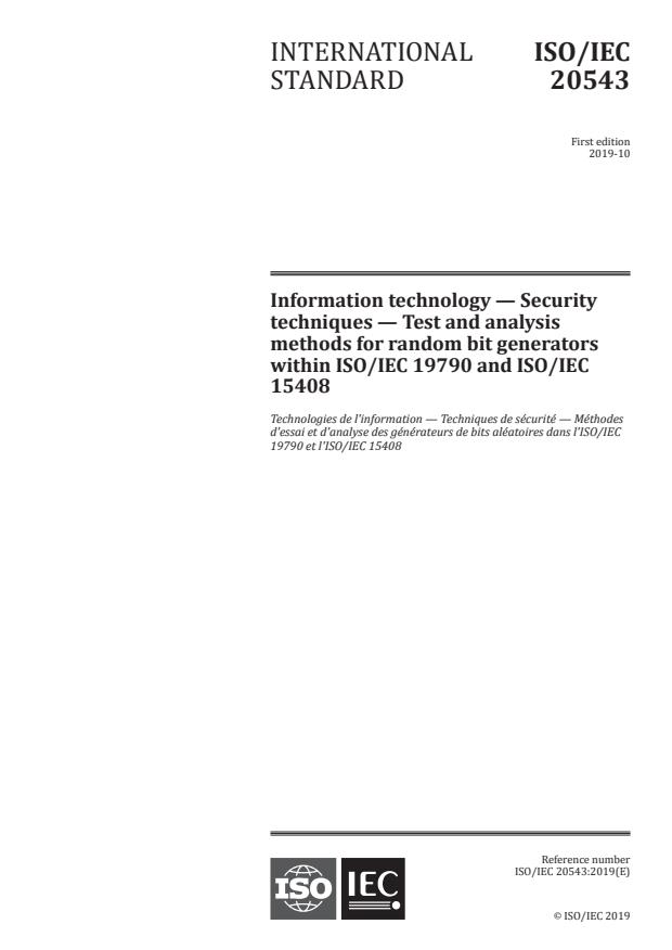 ISO/IEC 20543:2019 - Information technology -- Security techniques -- Test and analysis methods for random bit generators within ISO/IEC 19790 and ISO/IEC 15408