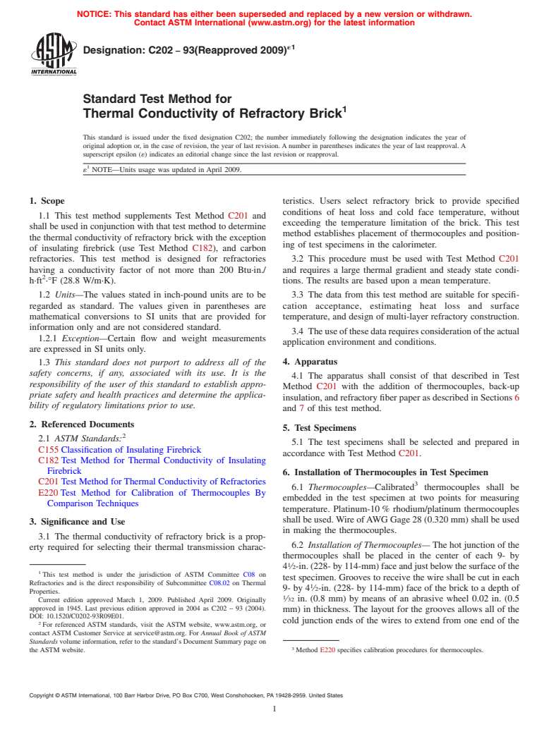 ASTM C202-93(2009)e1 - Standard Test Method for Thermal Conductivity of Refractory Brick